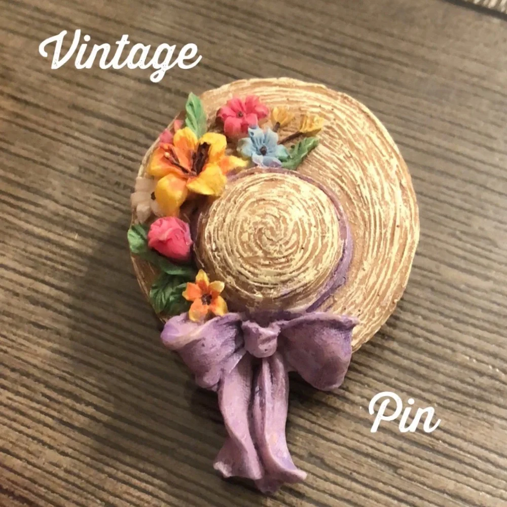 Vintage Resin Straw Hat Pin with Flowers, Purple Bow, Bonnet